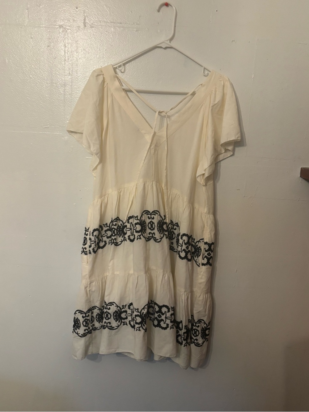 Old Navy Cream Midi Dress with Black Embroidery